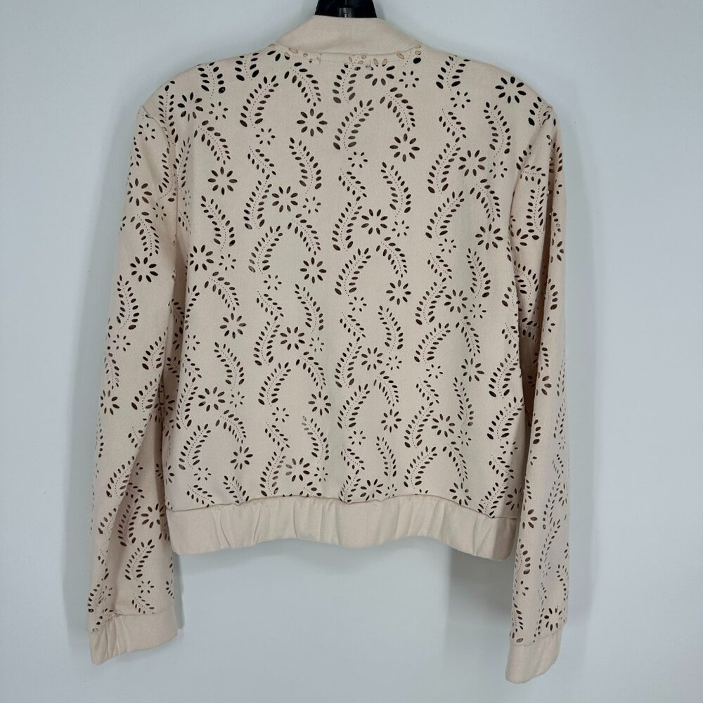 3/$25 Dex Faux Suede Bomber Jacket S Eyelet Floral Laser Cut Out Zip Up Beige - Picture 4 of 9
